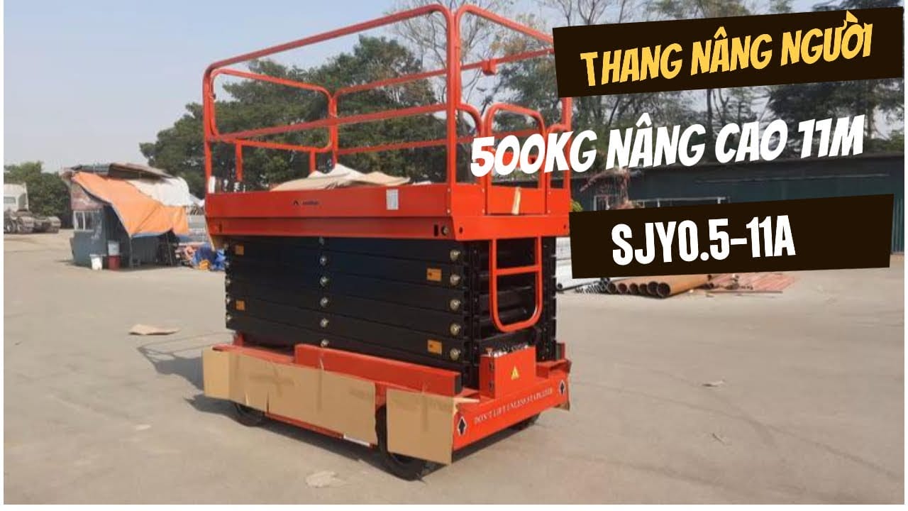 Thang nâng người cắt kéo di chuyển điện đi bộ lái SJY0.5-11A hãng Maihui