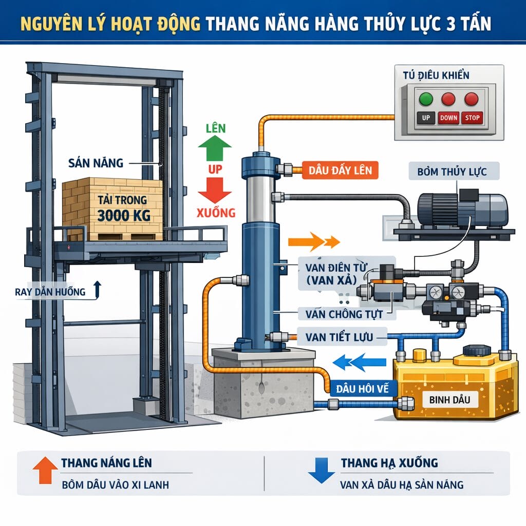 Nguyên lý hoạt động Thang nâng hàng thuỷ lực 3 tấn
